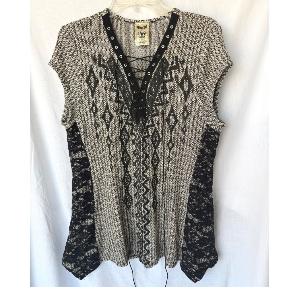 Vocal Western Festival Cowgirl Knit Tunic Sweater Rocker Black White Lace 1XL